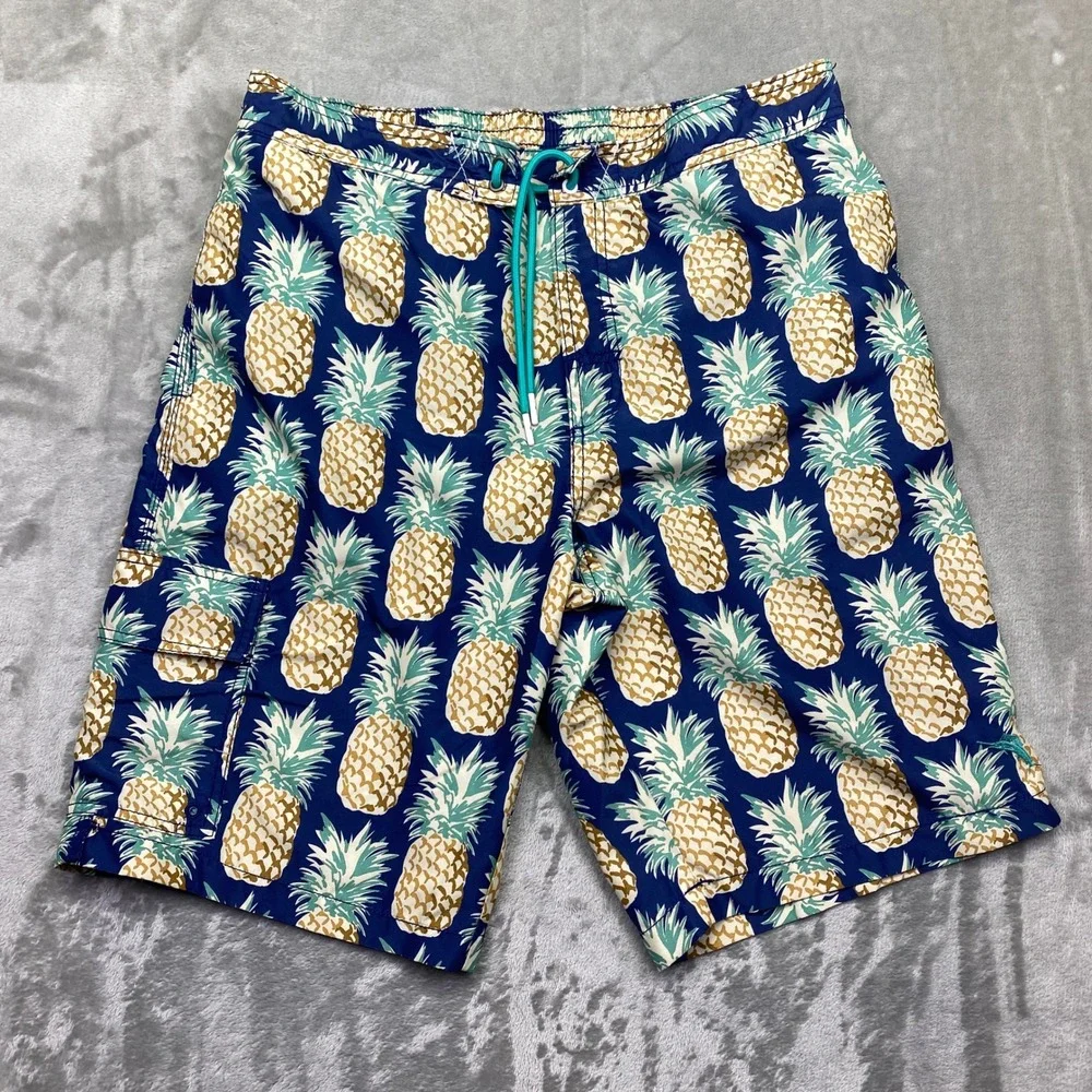 Tommy Bahama Swim Trunks L Pineapple Print Blue Green Drawstring‎ Casual Surf